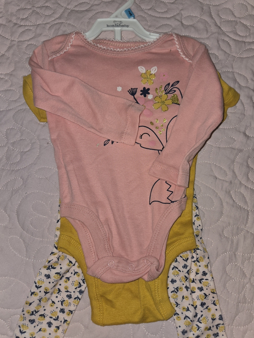 Koala Kids Pink and Yellow Floral Fox Bodysuit Set